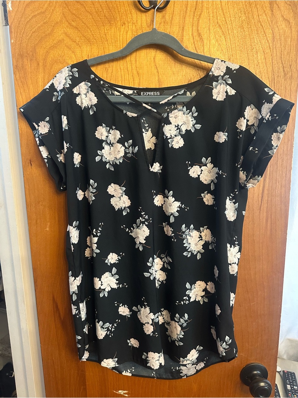 Express Black Floral Short Sleeve Blouse with Cream Blooms